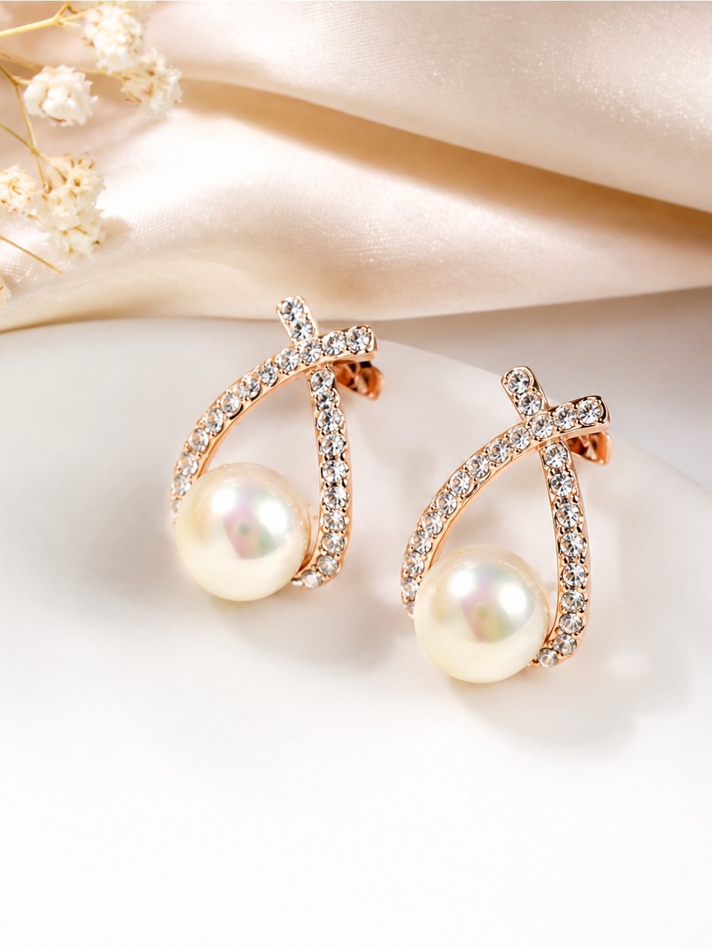 Gold Pearl Crystal Drop Earrings | Bridal Wedding Elegant NWT